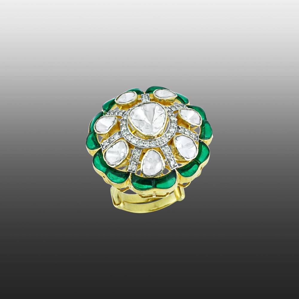 Statement Polki Ring with Green Talaf and Diamond Accents